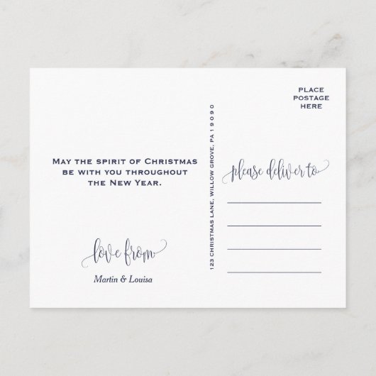 ネイビースノーフレーク | 3フォト婚約クリスマス シーズンポストカード (裏面)