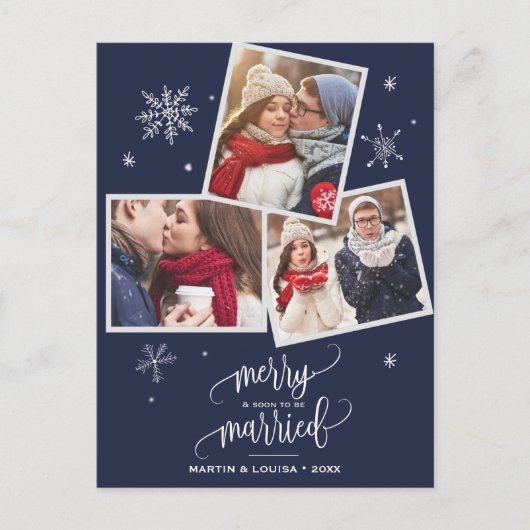 ネイビースノーフレーク | 3フォト婚約クリスマス シーズンポストカード (正面)