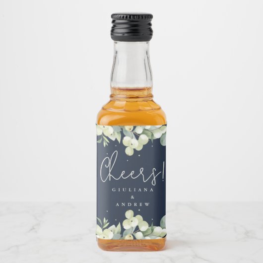 ネイビースノーベリー+ユーカリプトゥスウィンターウェディングミニ リキュールボトルラベル (正面)
