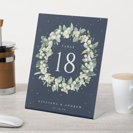 ネイビースノーベリー+ユーカリ結婚プタスのテーブル番号 台座サイン (インサイチュ)