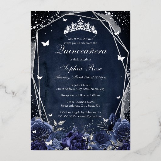 ネイビースパークルフラワーティアラシルバーキンセアニェラ 箔招待状 (正面)