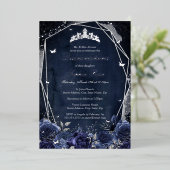 ネイビースパークルフラワーティアラシルバーキンセアニェラ 箔招待状 (立ち正面)