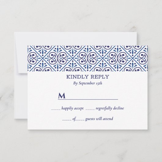 ネイビースペインのタイル地中海の結婚式の出欠 招待状 (正面)