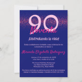 ネイビースペインのホットピンクグリッターウィメンズ90誕生日 招待状 (正面)