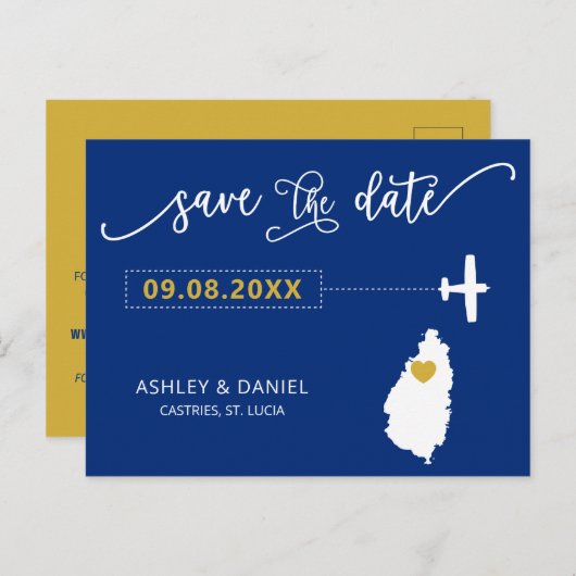 ネイビーセントルシア結婚式の日付マップはがきを保存 ポストカード (正面/裏面)