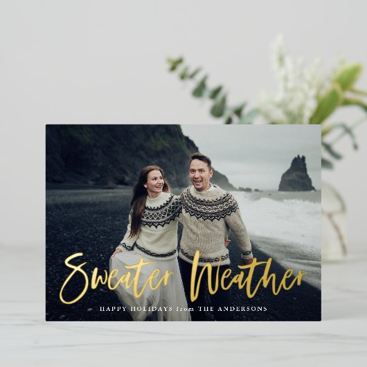 ネイビーセーター天気予報写真 箔シーズンカード (立ち正面)