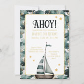 ネイビーセールボート航海のいかり誕生日 招待状 (正面)