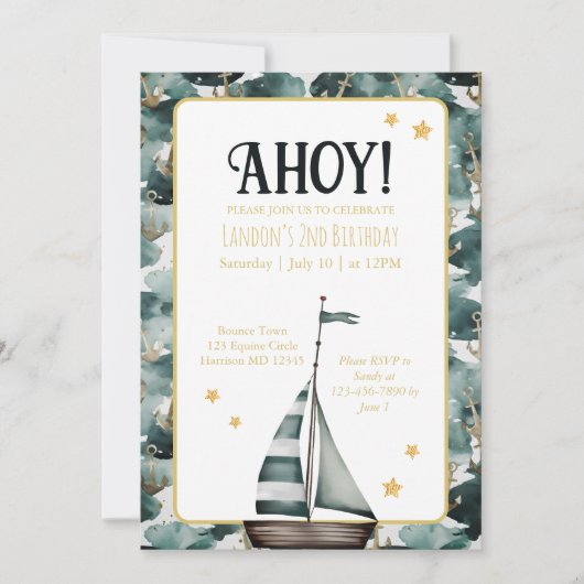 ネイビーセールボート航海のいかり誕生日 招待状 (正面)