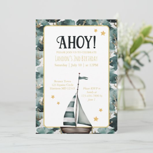 ネイビーセールボート航海のいかり誕生日 招待状 (スタンド正面)