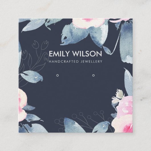 ネイビーソフト赤面ブルーフローライヤリングディスプレイロゴ スクエア名刺 (正面)