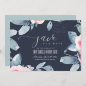 ネイビーソフト赤面ブルーフローラ水彩フレーム セーブザデート (正面/裏面)