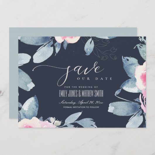 ネイビーソフト赤面ブルーフローラ水彩フレーム セーブザデート (正面/裏面)