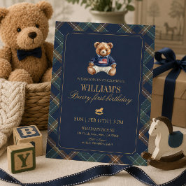 ネイビータルタンチェックのテディベアの1歳の誕生日 招待状