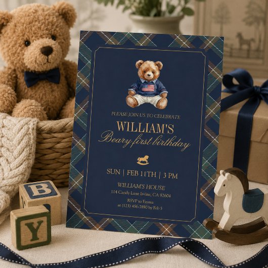 ネイビータルタンチェックのテディベアの1歳の誕生日 招待状