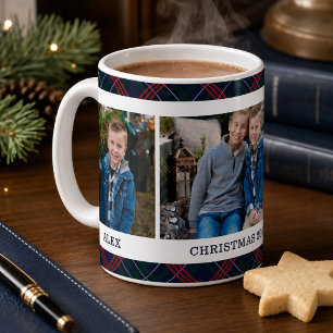 ネイビータルタン柄のクリスマス写真名 コーヒーマグカップ