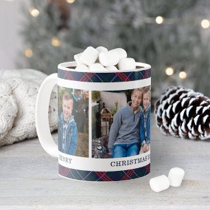ネイビータルタン柄のクリスマス写真名 コーヒーマグカップ