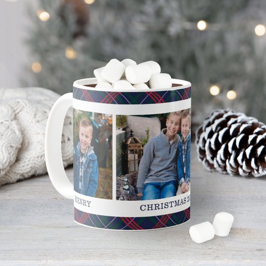 ネイビータルタン柄のクリスマス写真名 コーヒーマグカップ
