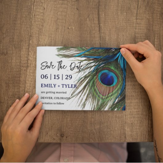 ネイビーターコイズピーコックフェザーBoho日付を保存 案内ポストカード