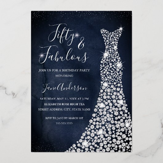 ネイビーダイヤモンドドレス50と素晴らしい誕生日フォイル 箔招待状 (正面)