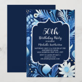 ネイビーダスティブルーの花の50歳の誕生日 招待状 (正面/裏面)