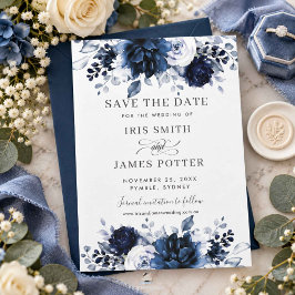 ネイビーダスティブルーの花嫁結婚式Save the Dateカード セーブザデート