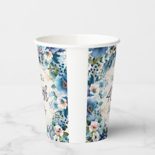 ネイビーダスティブルーウォーターカラーフローラ40th誕生日 紙コップ (左)