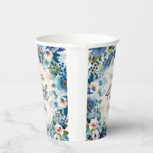 ネイビーダスティブルーウォーターカラーフローラ40th誕生日 紙コップ (右)