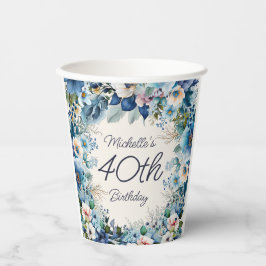 ネイビーダスティブルーウォーターカラーフローラ40th誕生日 紙コップ