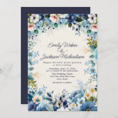 ネイビーダスティブルーウォーターフローラ結婚ズ 招待状 (正面/裏面)
