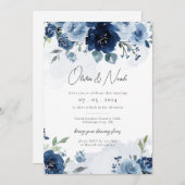 ネイビーダスティブルーエレガントフローラパステル結婚ズ 招待状 (正面/裏面)