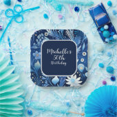 ネイビーダスティブルーフラワーズ50誕生日 ペーパープレート (パーティー)