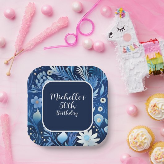 ネイビーダスティブルーフラワーズ50誕生日 ペーパープレート (パーティー)