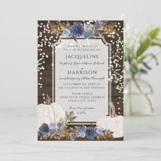 ネイビーダスティブルーフローラルスティックトゥインクルライト結婚ズ 招待状 (スタンド正面)