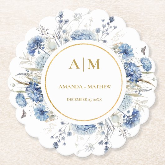 ネイビーダスティブルーフローラ春結婚開花 ペーパーコースター (正面)