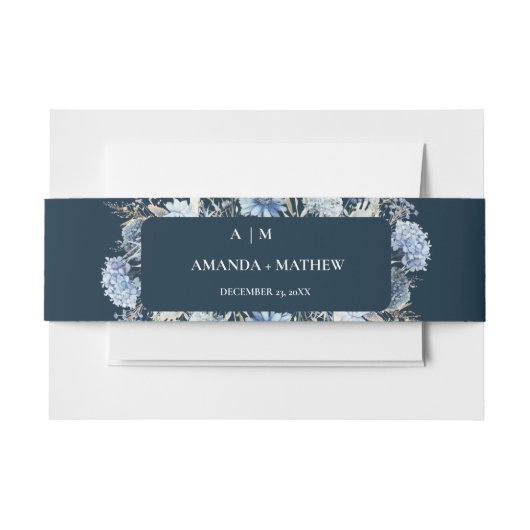 ネイビーダスティブルーフローラ春結婚開花 招待状ベリーバンド (正面例)