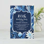 ネイビーダスティブルーフローラ100誕生日 招待状 (スタンド正面)