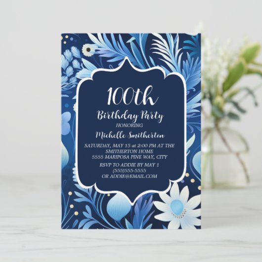 ネイビーダスティブルーフローラ100誕生日 招待状 (スタンド正面)