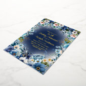 ネイビーダスティブルーホワイトフラワーズ90誕生日 箔招待状 (回転した状態)