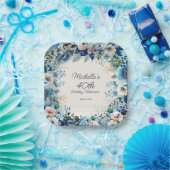 ネイビーダスティブルーホワイトフローラ女子40歳の誕生日 ペーパープレート (パーティー)