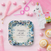 ネイビーダスティブルーホワイトフローラ女子40歳の誕生日 ペーパープレート (パーティー)