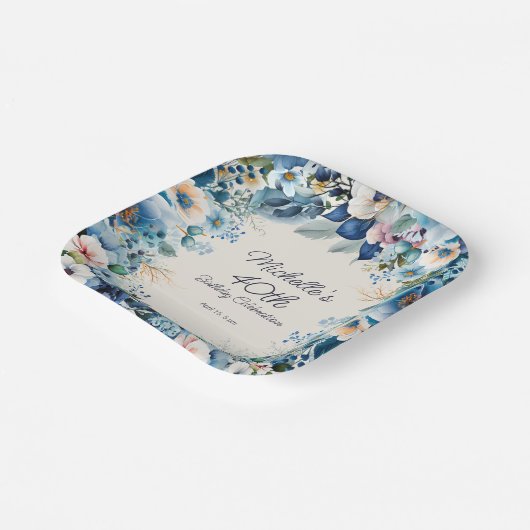 ネイビーダスティブルーホワイトフローラ女子40歳の誕生日 ペーパープレート (傾斜あり)