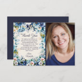 ネイビーダスティブルーホワイトフローラ誕生日写真 サンキューカード (正面/裏面)