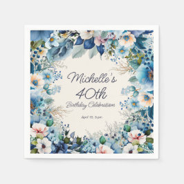 ネイビーダスティブルーホワイトフローラ40歳の誕生日 スタンダードカクテルナプキン