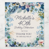 ネイビーダスティブルーホワイトフローラ40歳の誕生日 ワインラベル (シングルラベル)