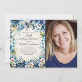 ネイビーダスティブルーホワイトフローラ75th誕生日写真 招待状 (正面)