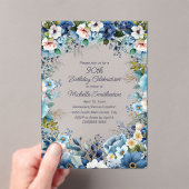 ネイビーダスティブルーホワイトフローラ90誕生日 アクリル招待状 (インサイチュ (ポータブル))