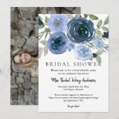 ネイビーダスティブルーボホフローラ写真ブライダルシャワー 招待状 (正面/裏面)