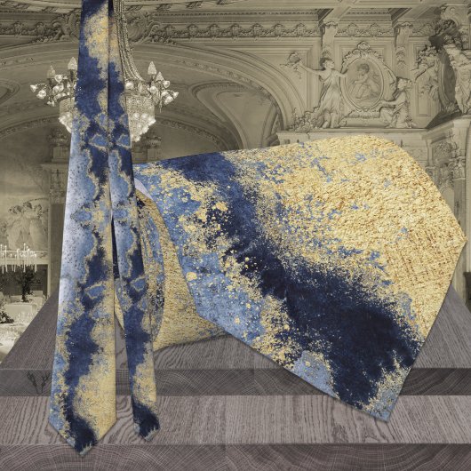 ネイビーダスティブルーマーブル結婚金ゴールド ネクタイ