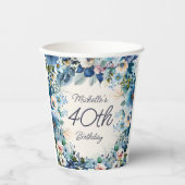 ネイビーダスティブルー水彩フラワー 40歳の誕生日 紙コップ (正面)
