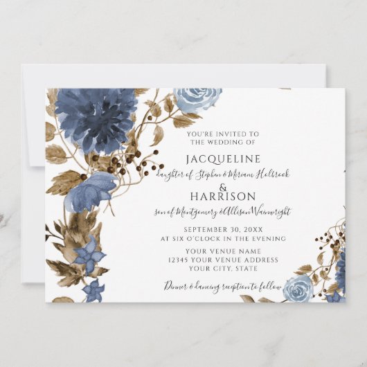 ネイビーダスティブルー自然フローラ結婚の葉 招待状 (正面)